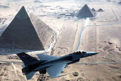 F-16 Falcon over the pyramids at Giza, Egypt