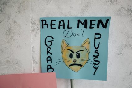 feminist placard with a cat face and a slogan